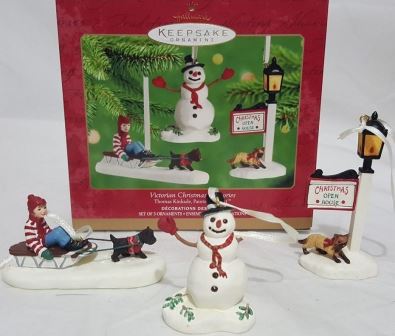 Новогодний набор из трех фигурок: Снеговик, Мальчик, Фонарь с кошкой