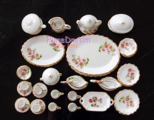 Кукольная миниатюра Сервиз столовый 50 предметов, розовые цветы